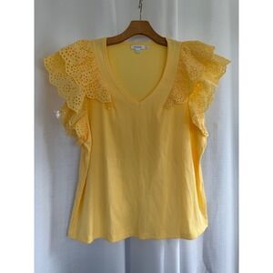 Chicos Eyelet Ruffle Sleeve Blouse Women's XL Yellow Summer Vacation Resortwear